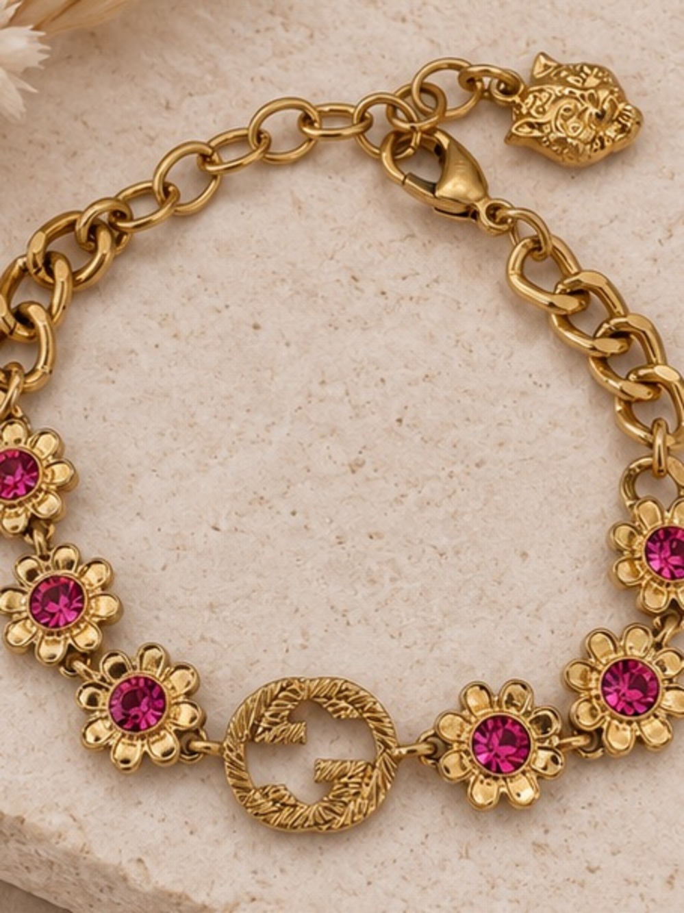 Designer Inspired Gold Floral Pink Crystal Bracelet